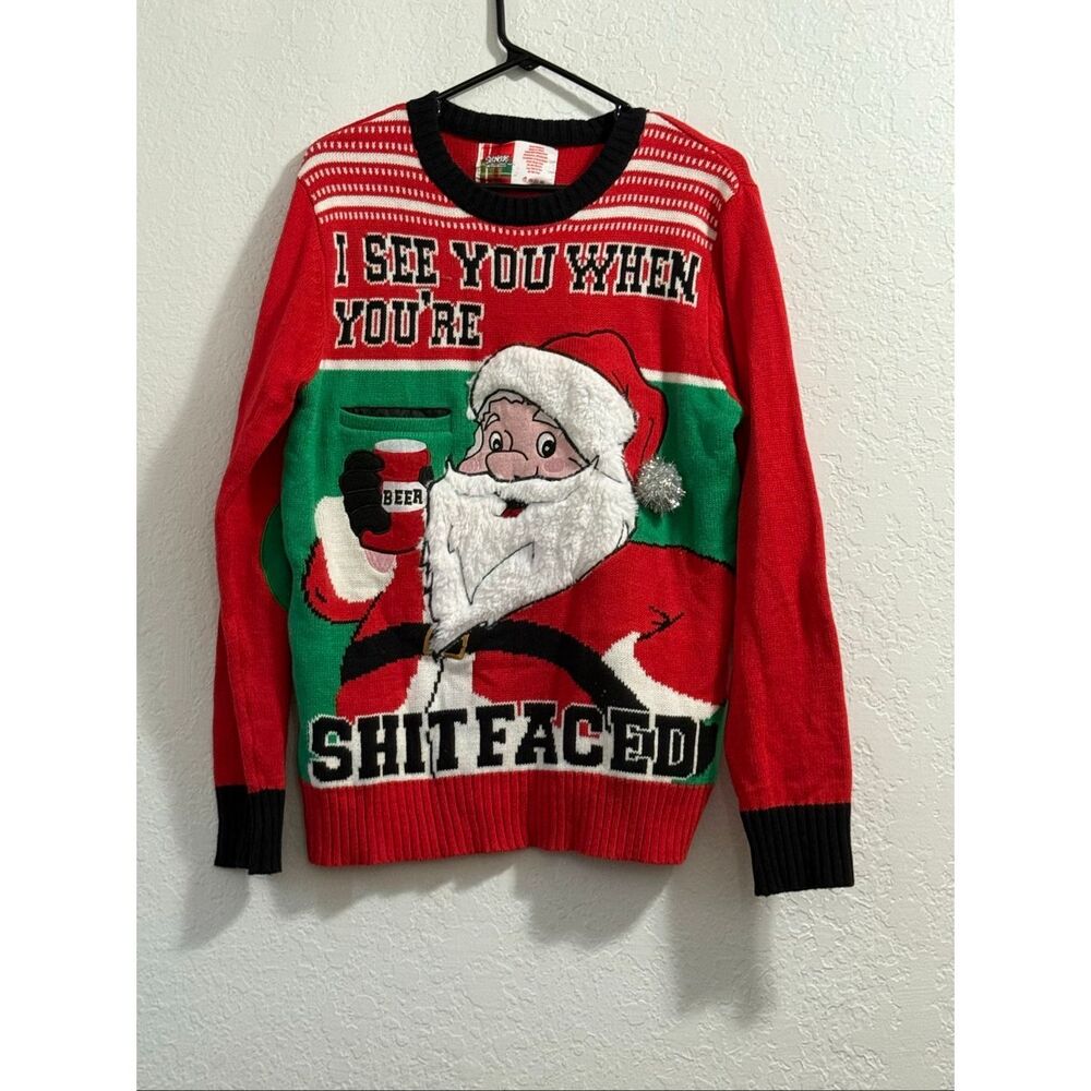 Spencers Mens Size M Ugly Christmas Sweater Santa I See When You're Xxxxfaced